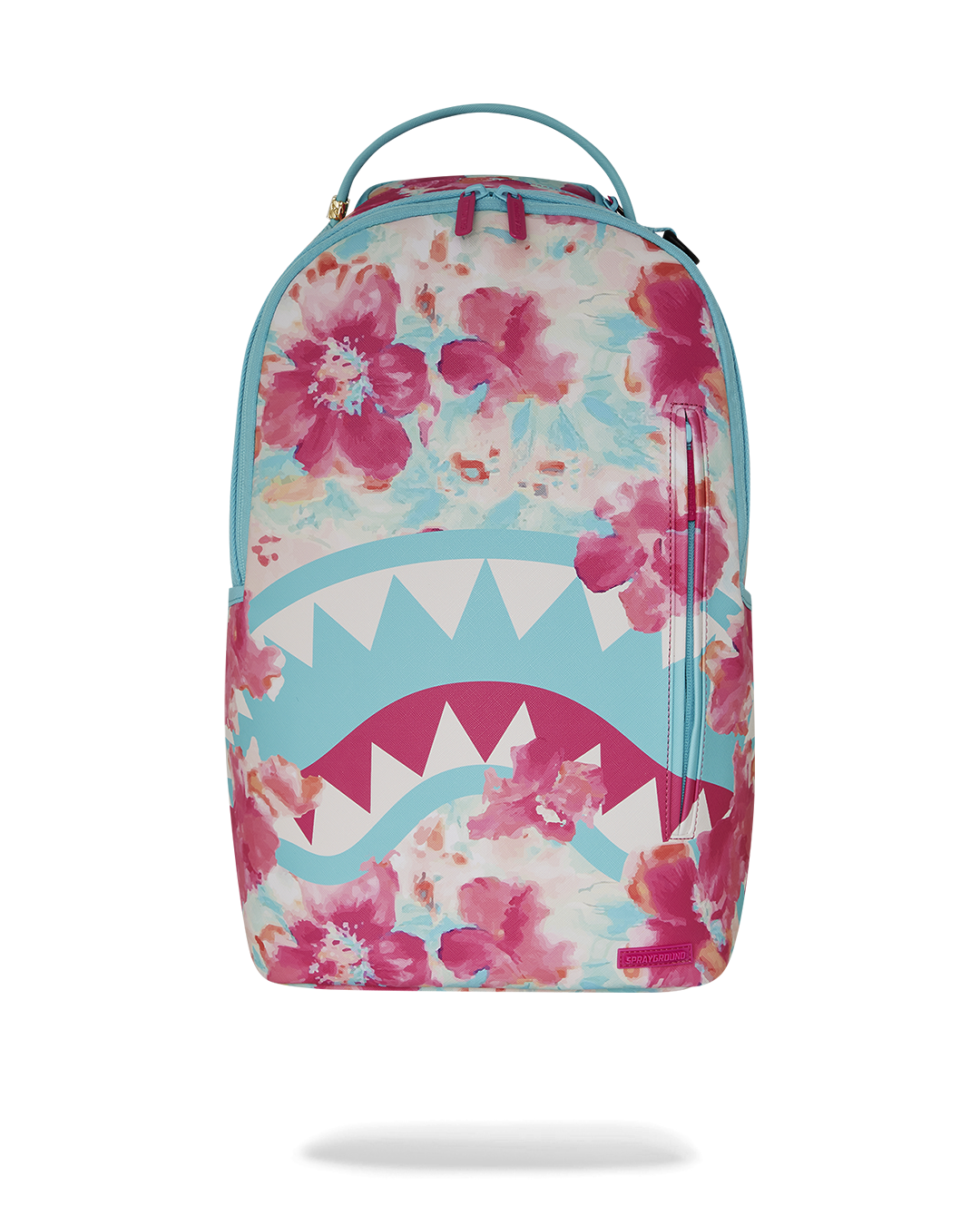 Angled view showing gold zipper detailing on faux leather backpack