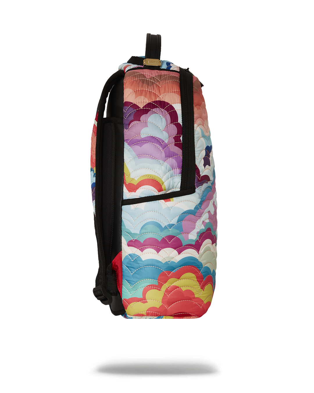 Close-up of the rainbow backpacks front zipper pocket and metal hardware