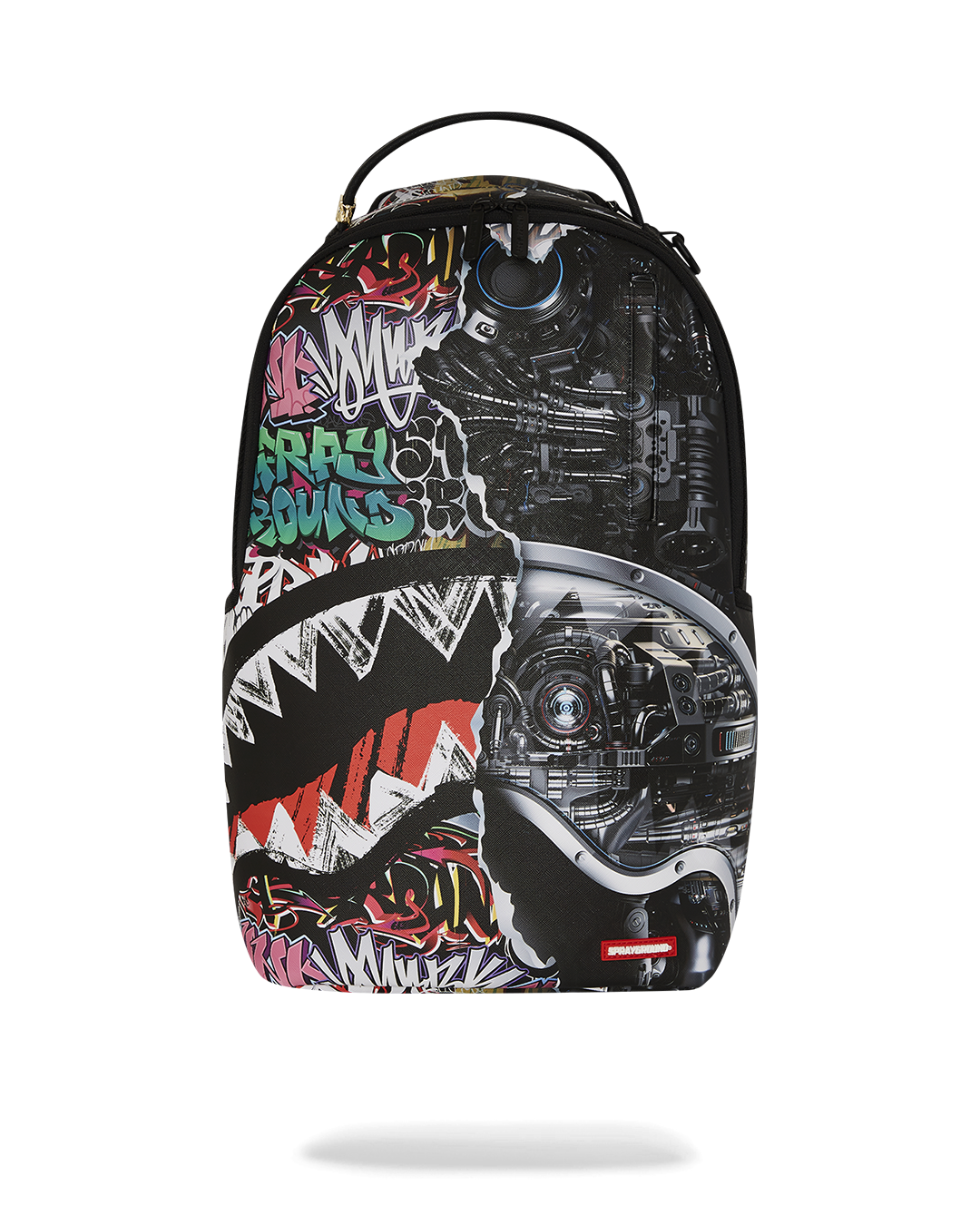 Urban Luxe faux leather backpack showing front view with gold zippers.