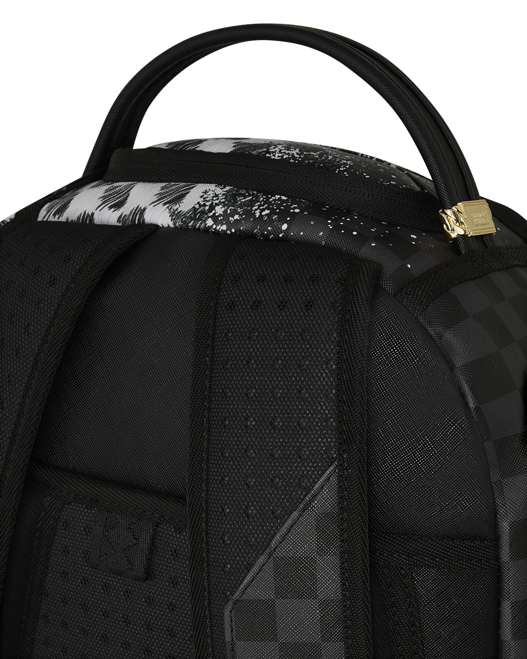 Scribble Dribble checkered faux leather backpack with front zipper pocket and side pockets