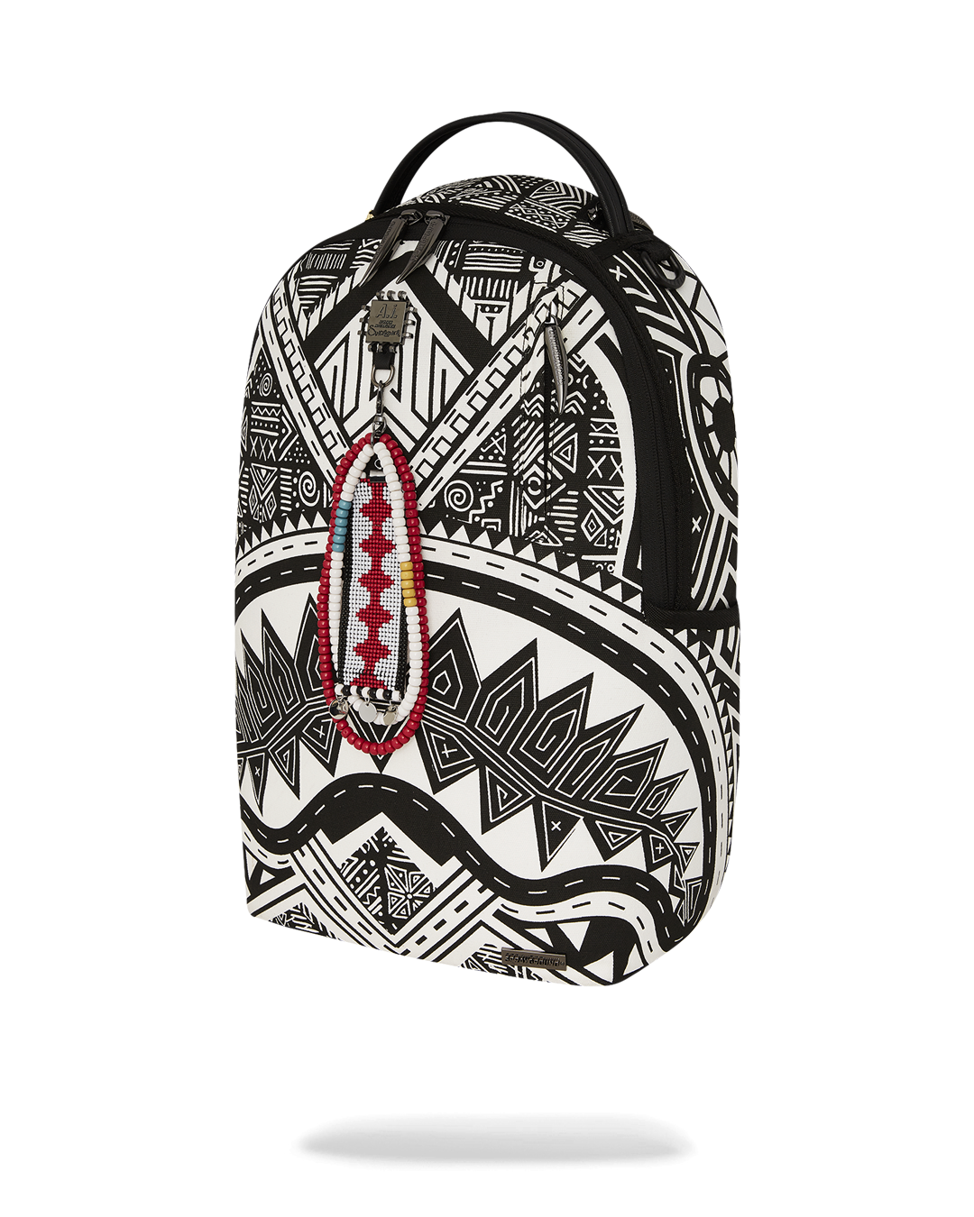 Side view highlighting water-resistant faux leather and side pockets of the backpack