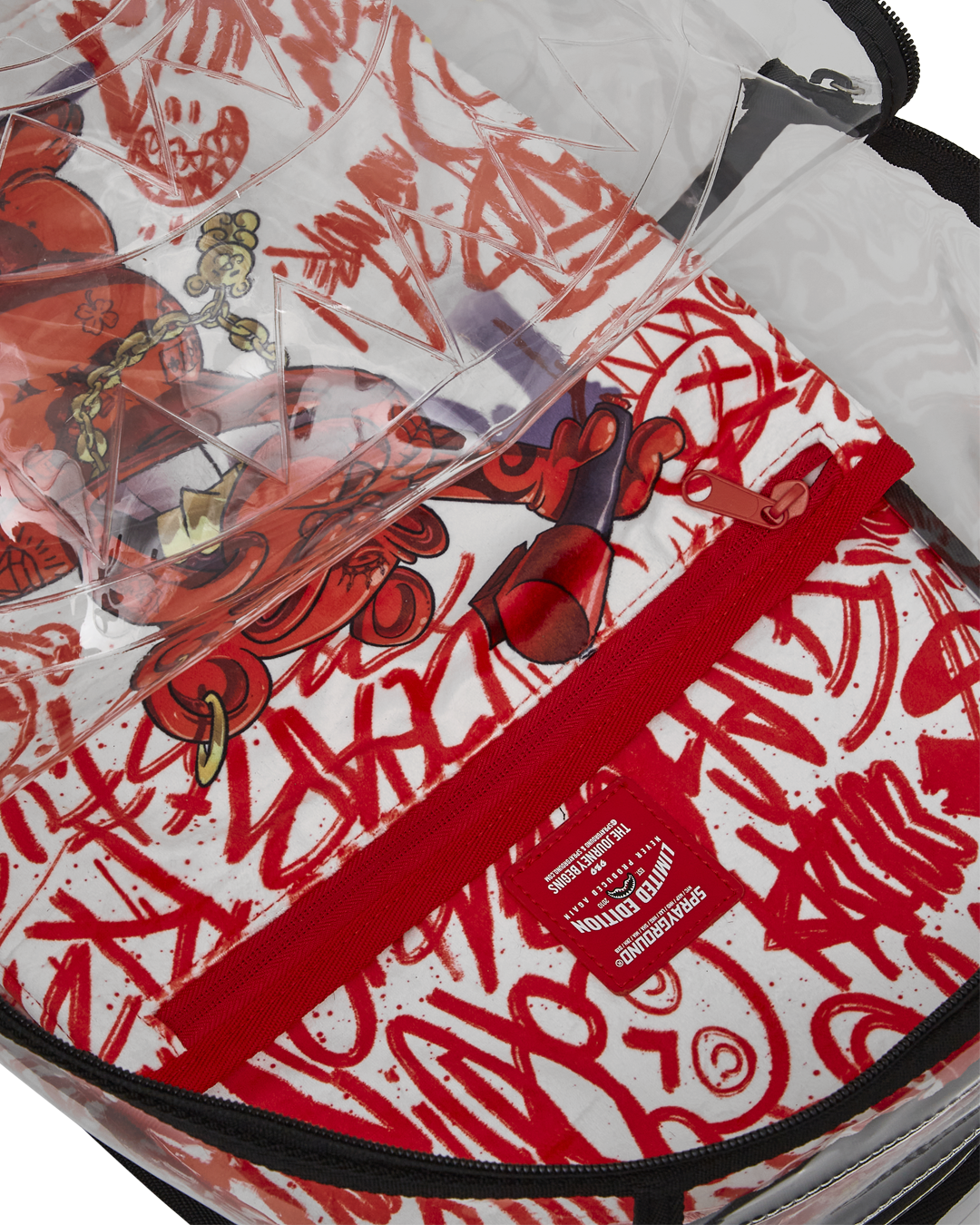 Sprayground Clear Diablo Gallery backpack with multiple compartments, side view.