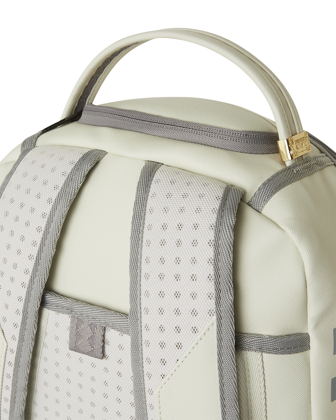 Front view of mens leather backpack with gold zippers and urban styling.