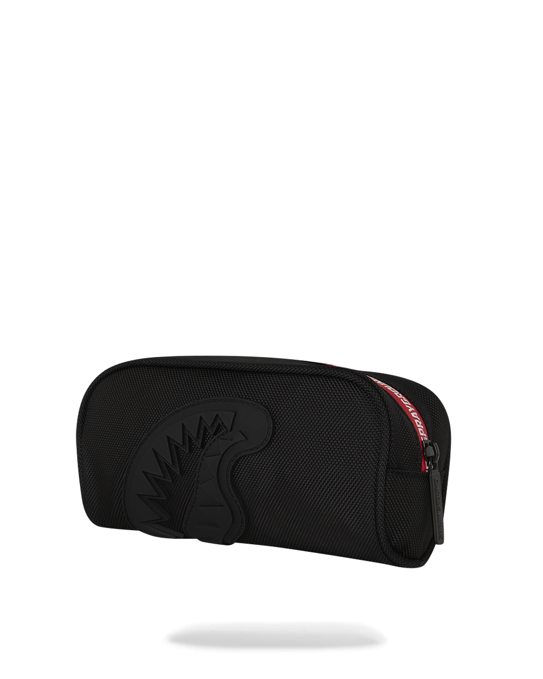 Top-down image displaying open pouch with pens and makeup essentials inside