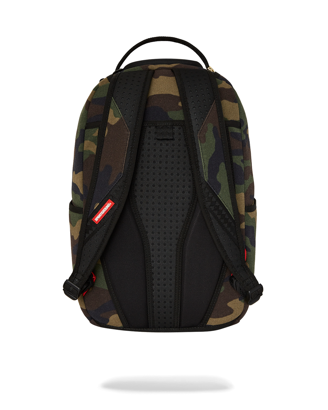 Camo backpack with ergonomic straps and exterior stash pocket on hiking trail.