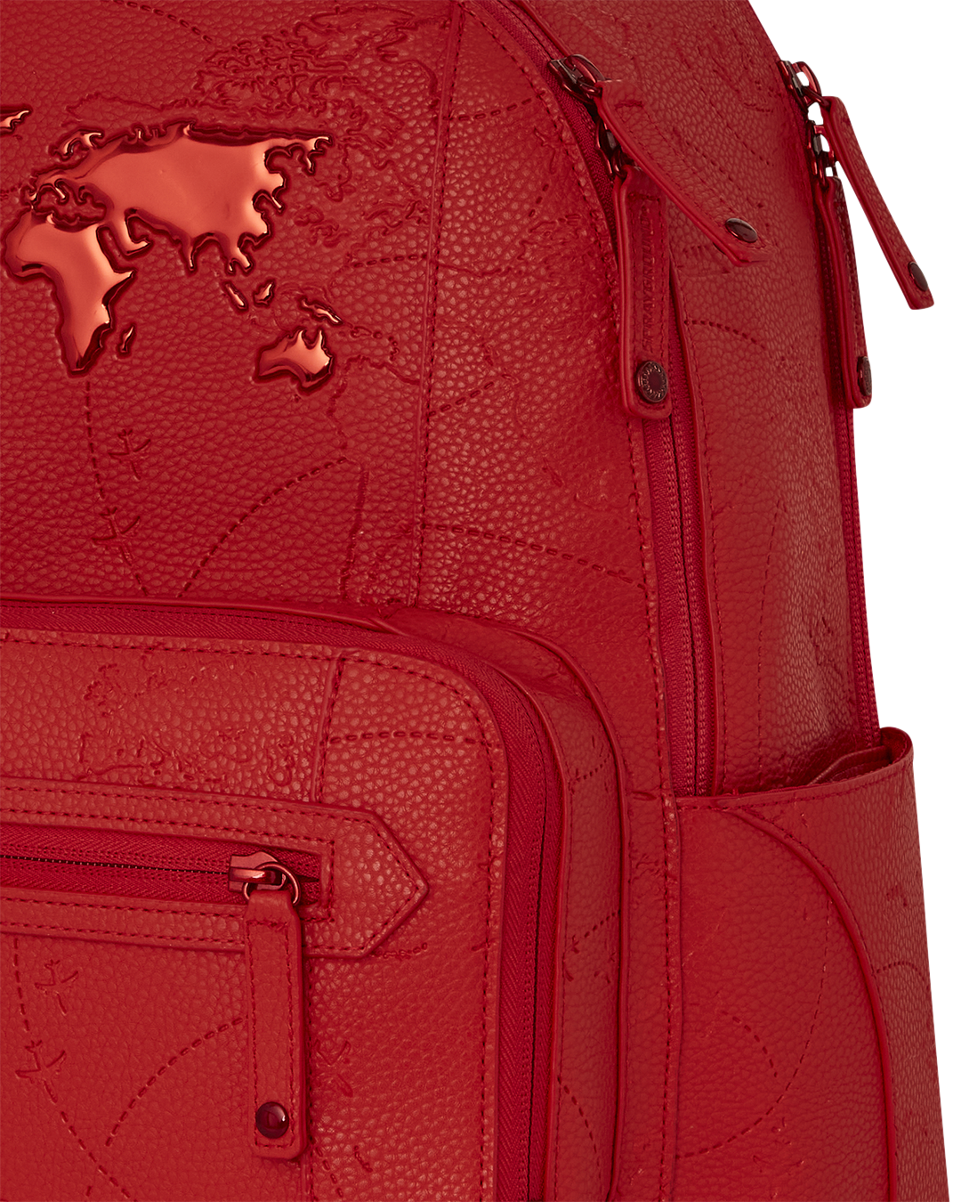 Side pocket of the designer vegan leather backpack in bright red