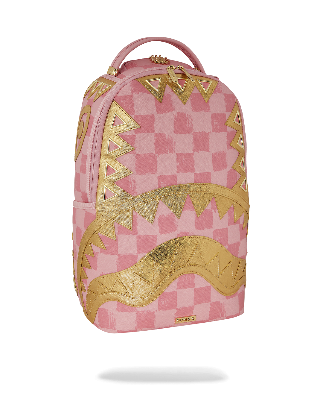 Side view highlighting water-resistant faux leather fabric and adjustable straps
