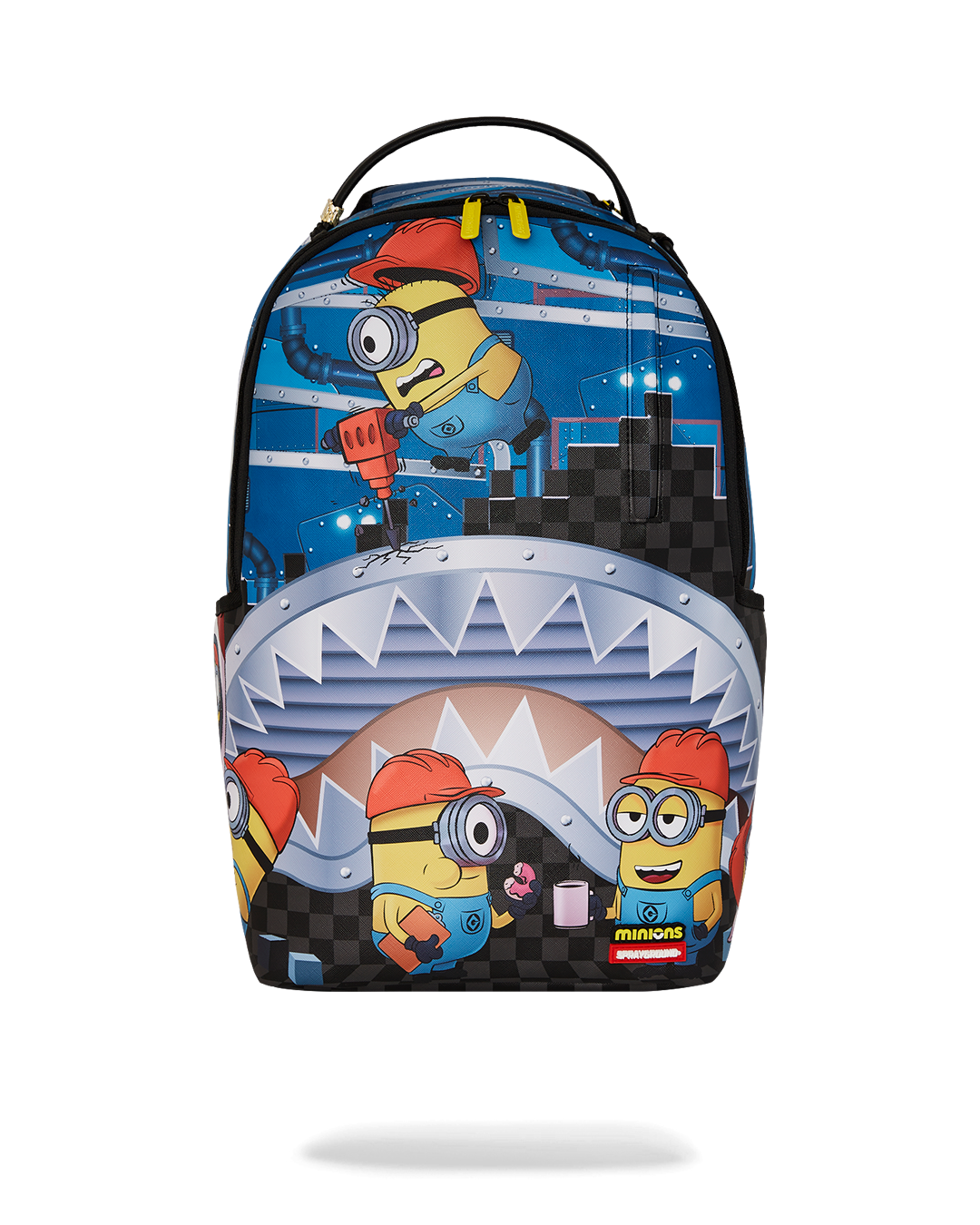 Front view of the Minions faux leather mini backpack, showcasing the zipper pocket and fun design.