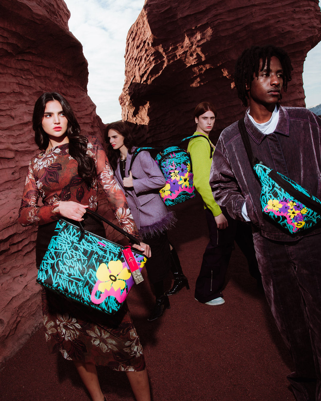 Sprayground Garden Glamour Tote held casually over the shoulder in a city setting