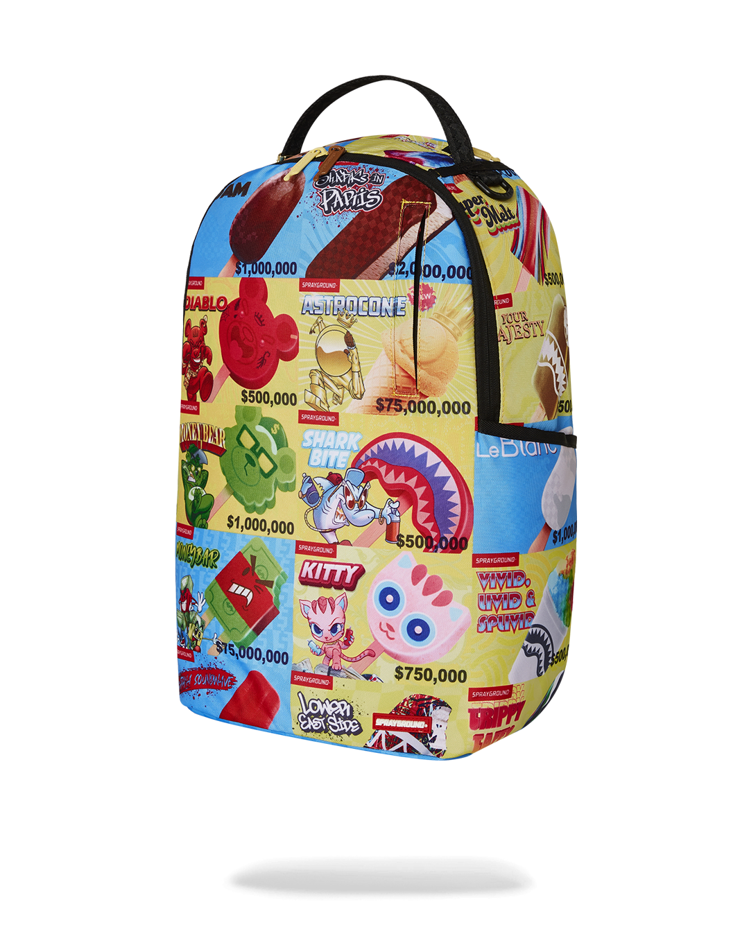 Sprayground travel backpack strapped to a rolling suitcase in an airport terminal