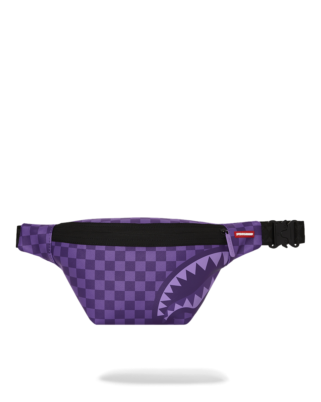 Front view of black crossbody bag with red zipper, worn across chest