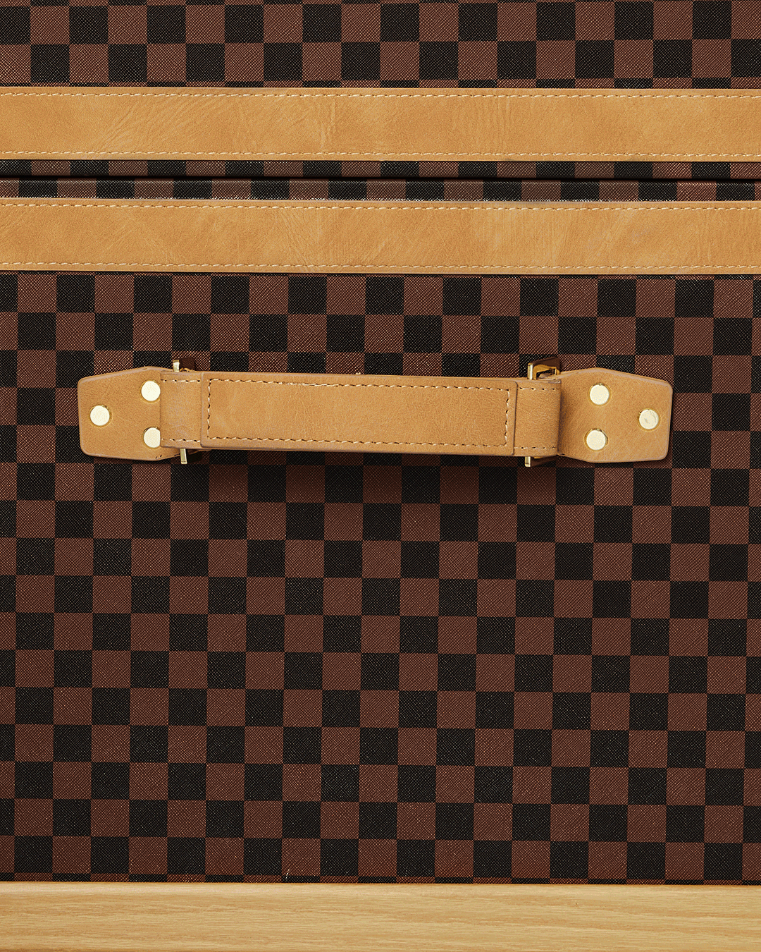 Steamer Trunk Wardrobe with wheels and cut and sew detailing, ready for travel.