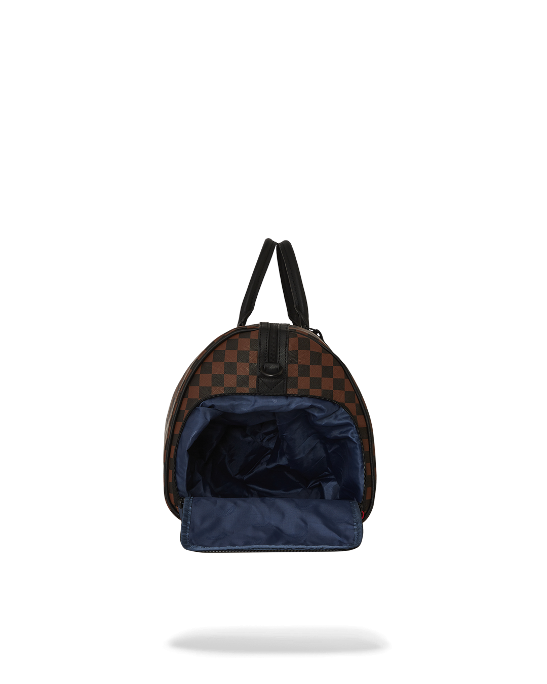 Faux leather duffle bag with adjustable straps and gold zippers.