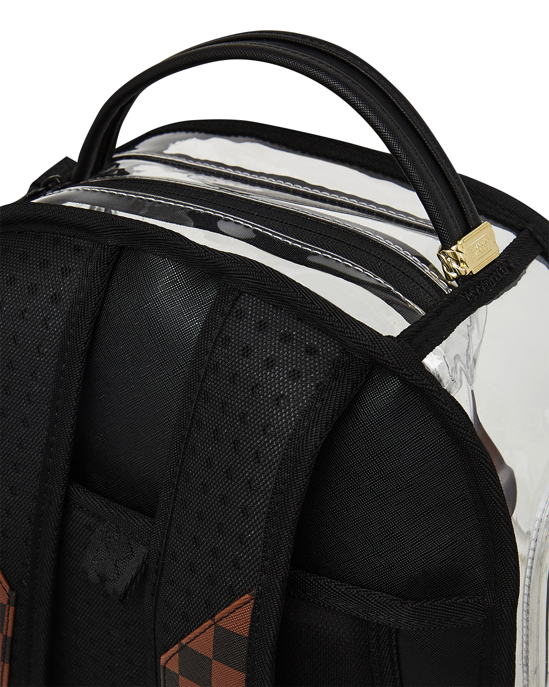 Front view of the clear sprayground backpack with shark design and removable bear accessory