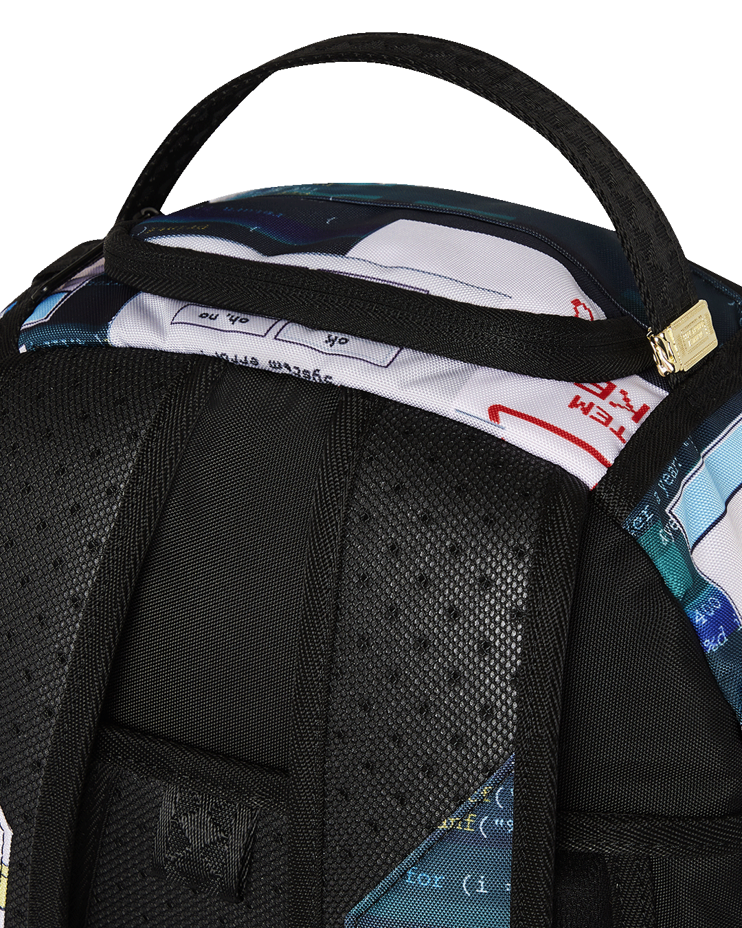 Front view of the Stacked Luxury DLXR Backpack with gold zippers.