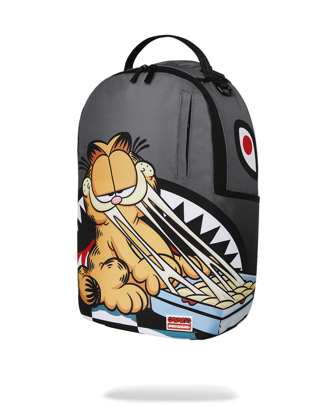 Close-up of the gold zipper and metal badge on the Garfield backpack