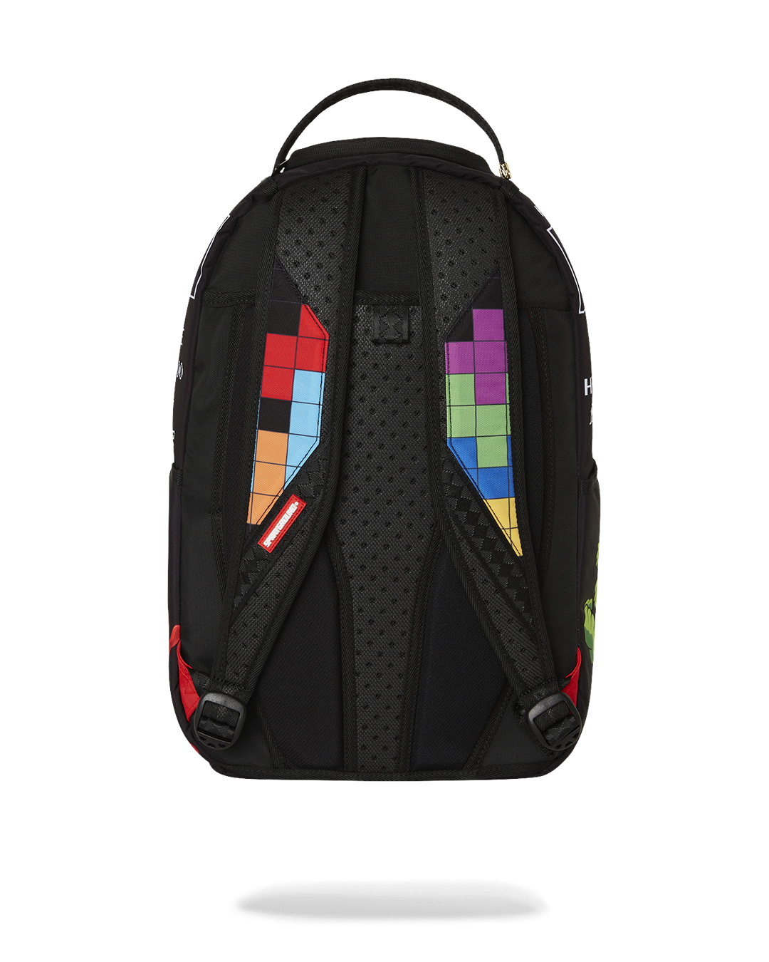 Front angle of the Tetris backpack showing Diablo art and gold zippers