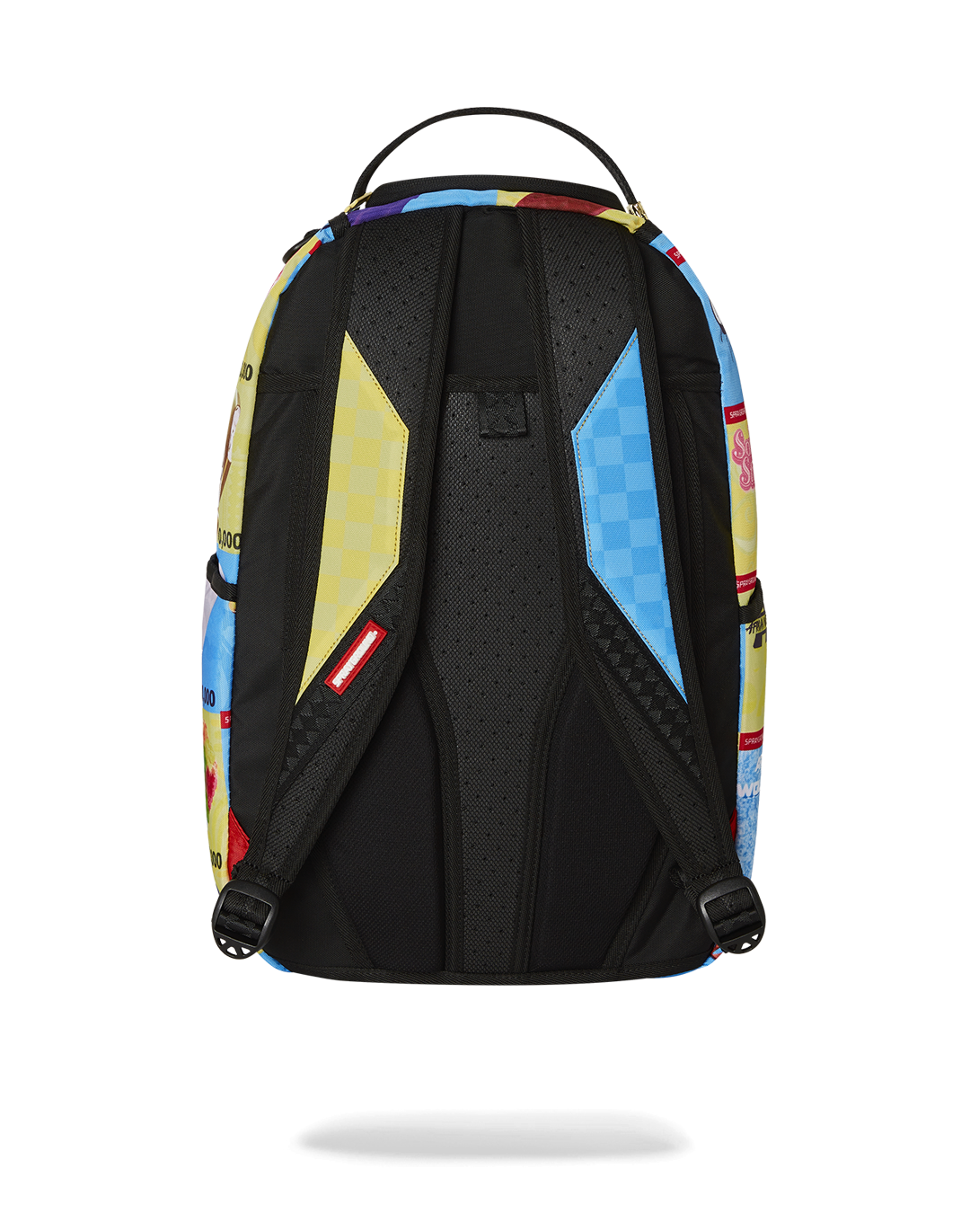 Side view of clear Sprayground backpack, showing gold zippers and mesh back padding