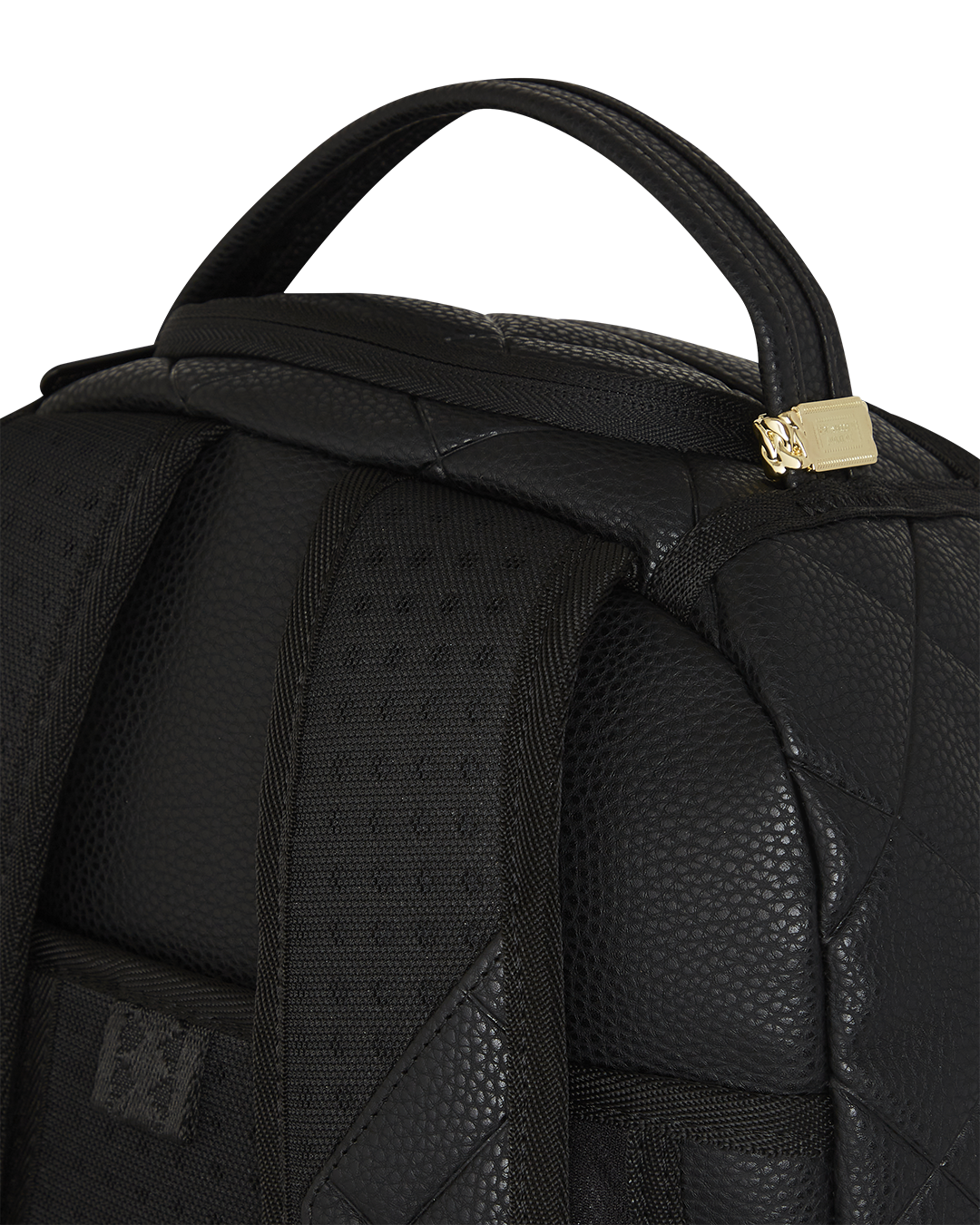 Front view of the limited edition Sprayground backpack with quilted faux leather and metal hardware