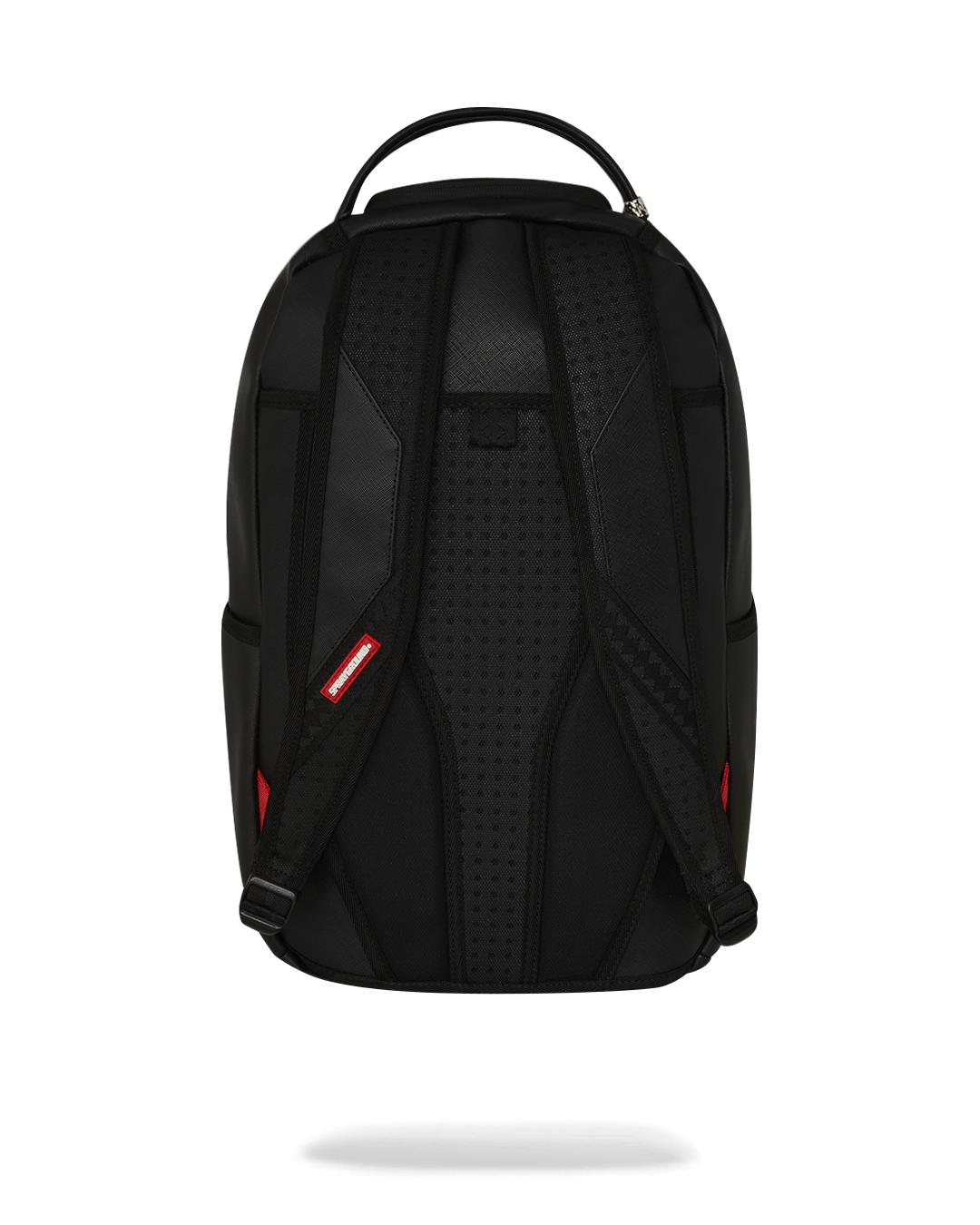 Front view showing gold zippers and sleek faux leather finish