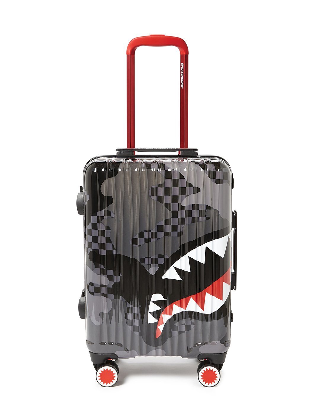 SharkNautics 22-inch carry-on luggage shown in a busy airport setting