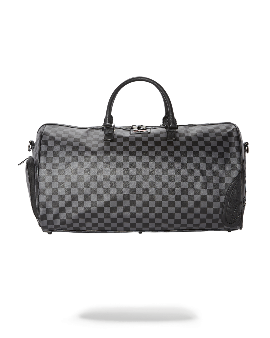 Front-facing view of the black duffle bag with shoulder strap and gold hardware.