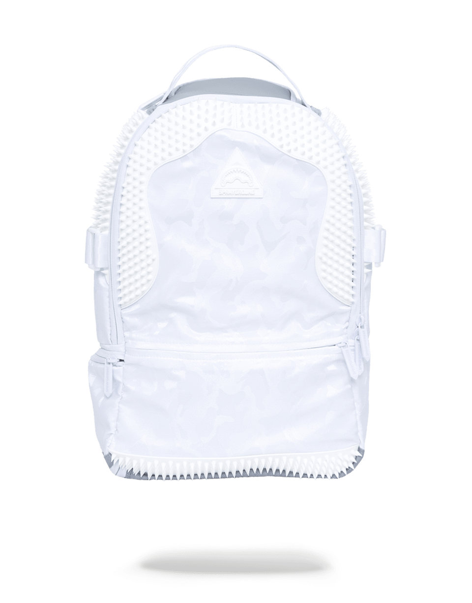 Front view of durable camo tactical laptop backpack with side pockets.