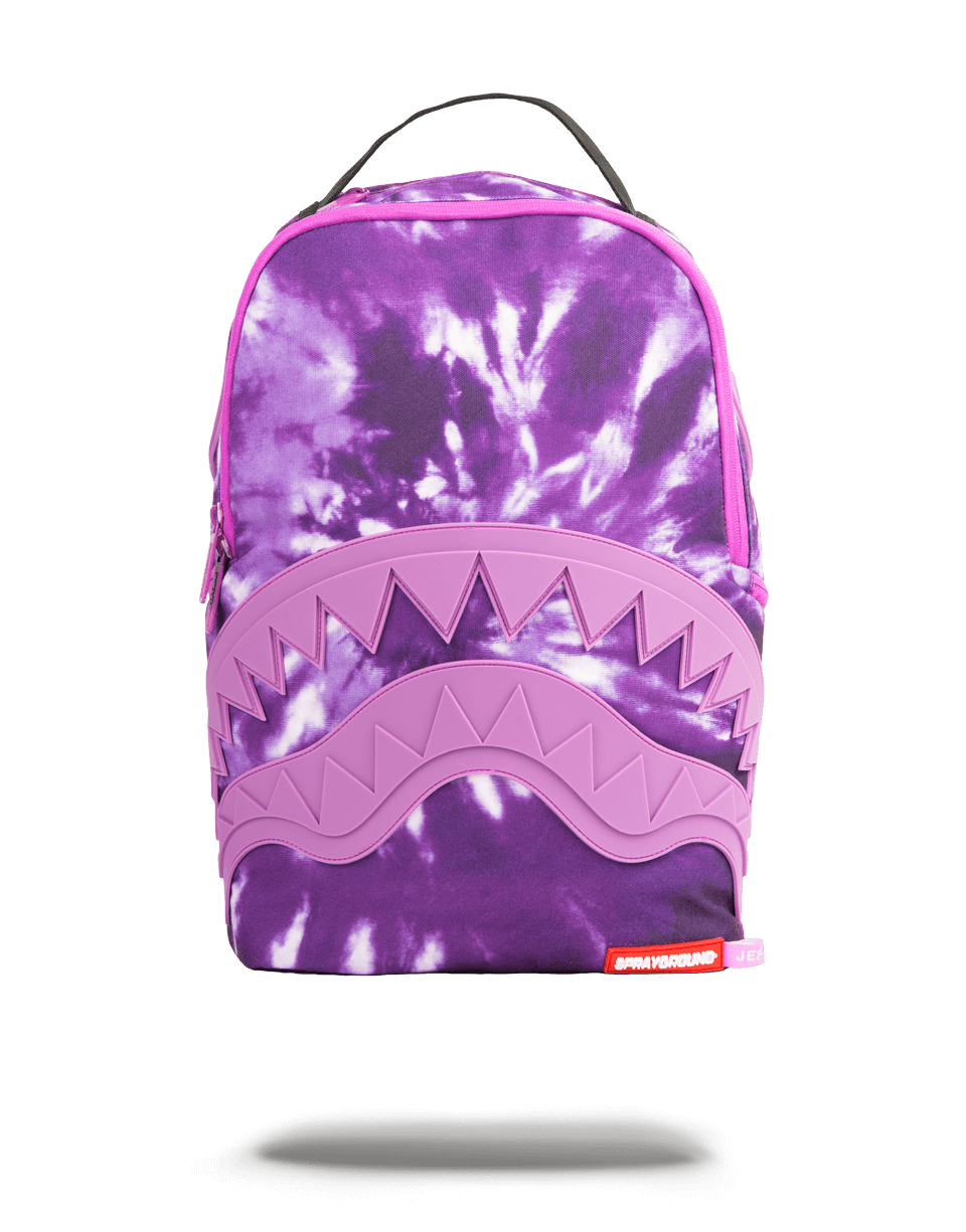 Sprayground Shark Central Backpack front view showing purple haze design and water-resistant exterior