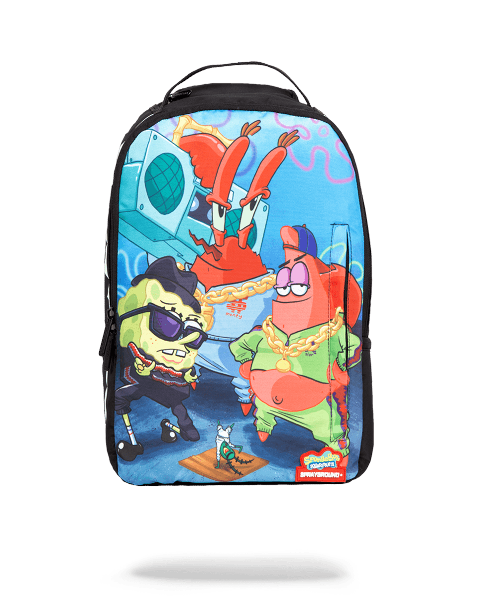 Spongebob Sprayground Backpack worn by a student, showcasing front pockets and adjustable straps