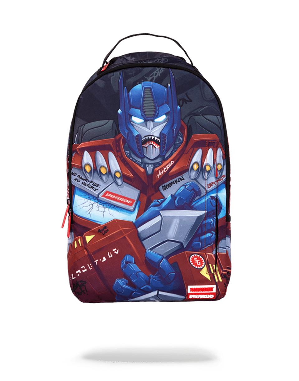 Front view of Transformers decals backpack with Optimus Prime sticker details