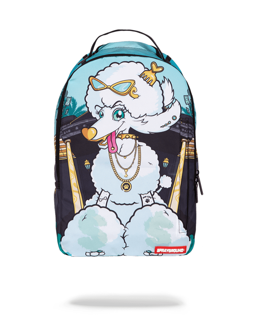 Poodle Life RoverPack shown from front with open front zipper pocket and laptop sleeve