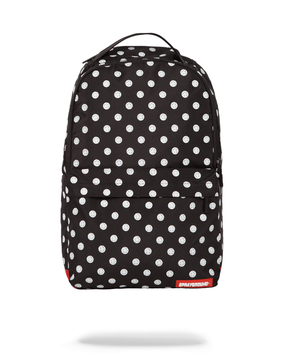 Polka Diamonds backpack open, displaying laptop compartment and organizer pockets.