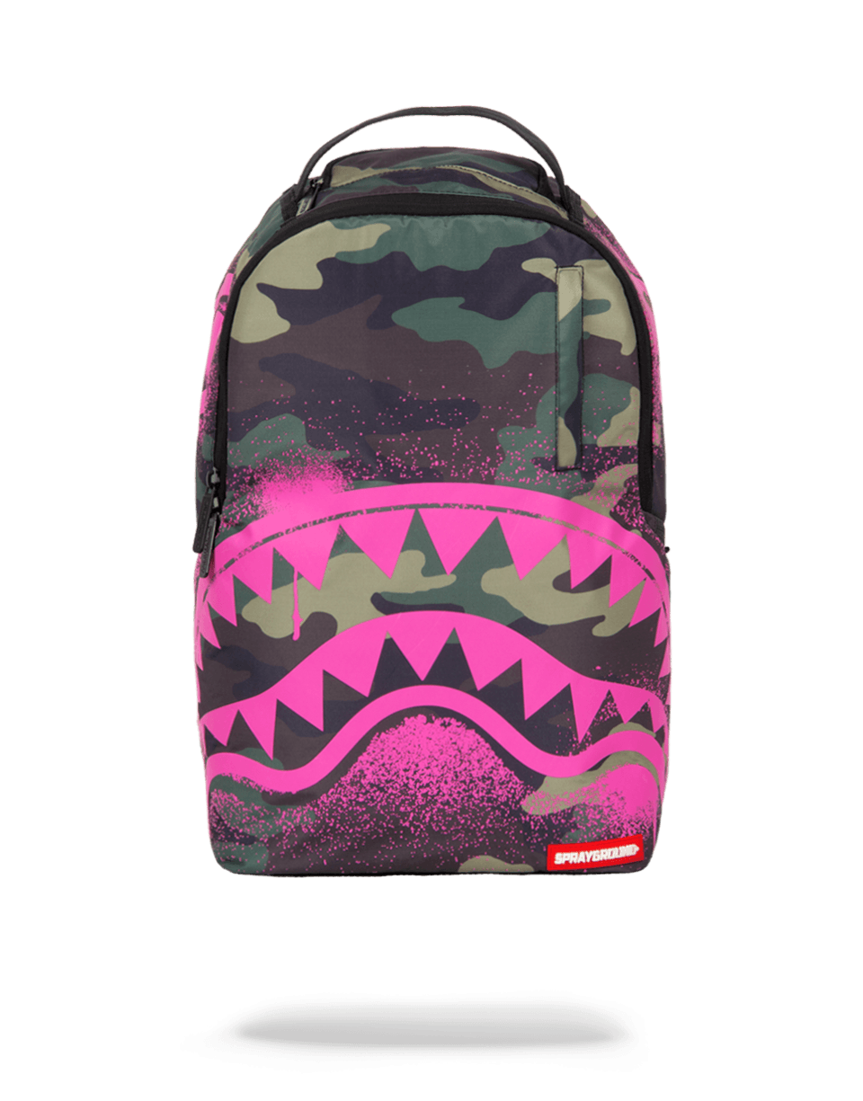 Camouflage backpack with shark design showing front view with zipper pockets