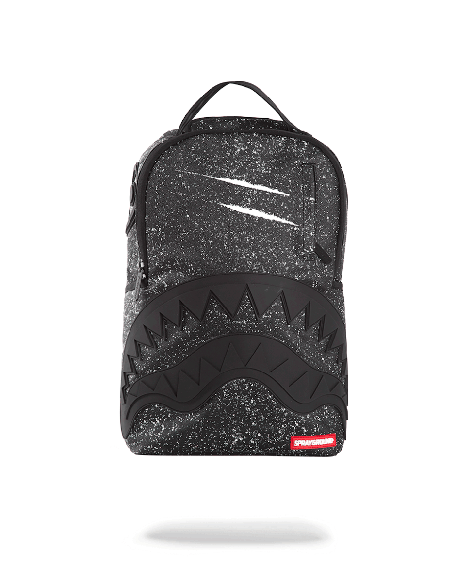 Front view of the party shark backpack with water-resistant fabric and shark mouth design