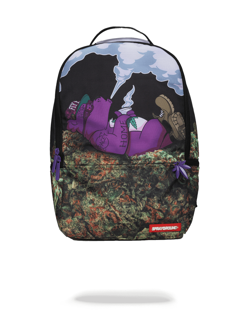 Purple Haze Ganja Bear Backpack with front zipper pocket and adjustable straps