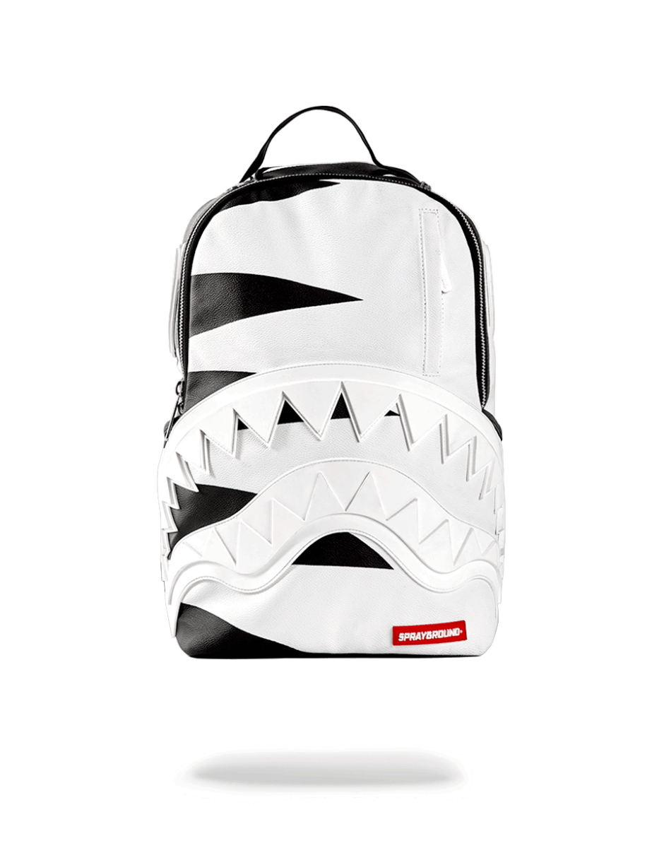 Front view of the Phantom White Rubber Shark gym and laptop backpack showing water-resistant fabric and multiple pockets