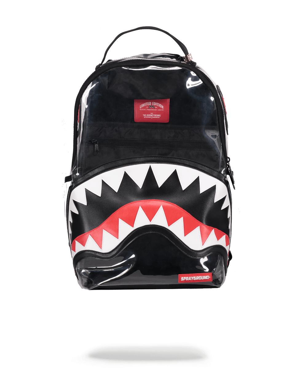 Front view of the sharkmouth clear backpack showing exterior compartments.