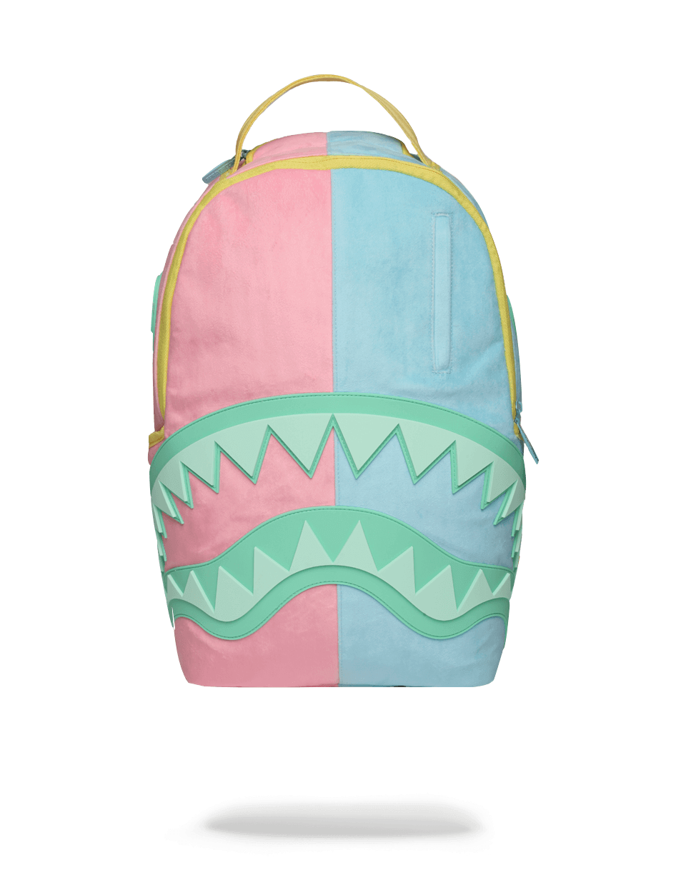Velour backpack with shark mouth design and pastel colors, front view
