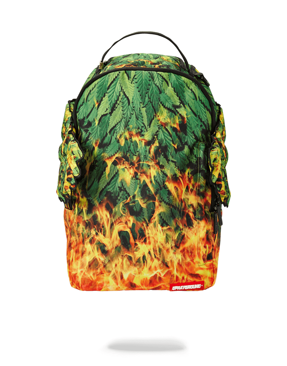 Front view of backpack showing zippered compartments and metal hardware