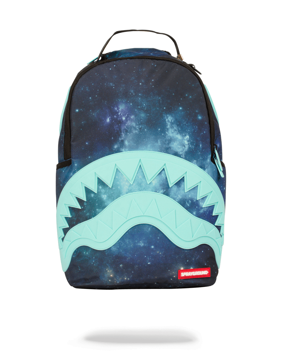 Rubber shark backpack open, showing laptop compartment and side pockets