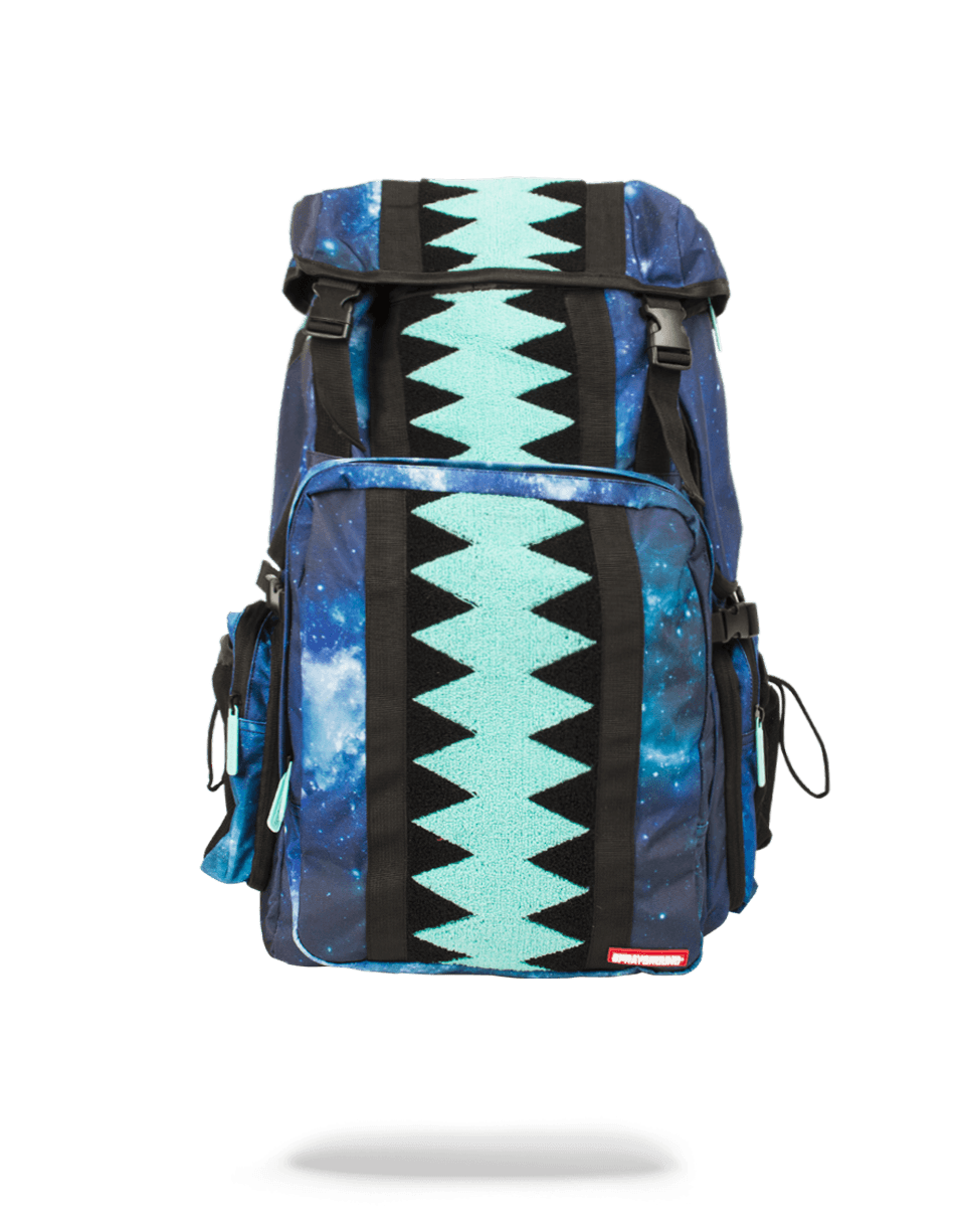 Front view of Galaxy Vertical Sharkmouth Gear Backpack with pockets visible.