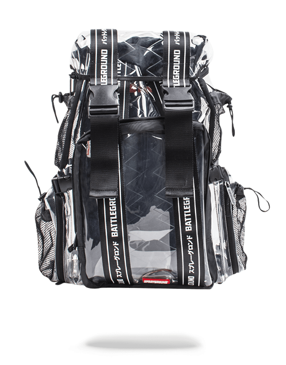 Front view of the clear backpack with sharkmouth design and water-resistant fabric