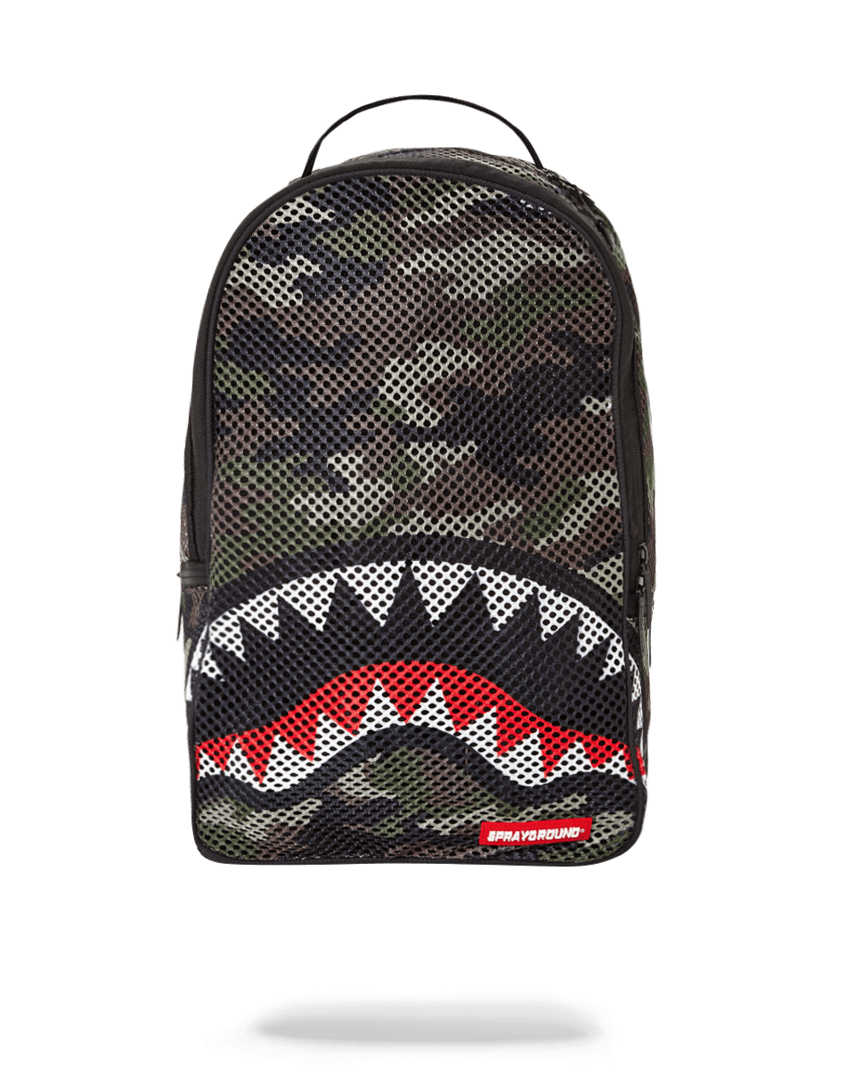 Sprayground Camo Mesh Shark Backpack front view with multiple pockets