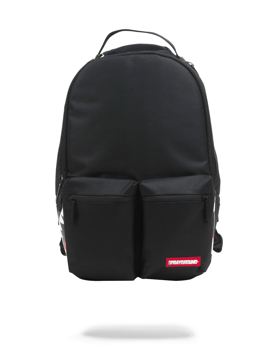 Side view of the ergonomic laptop backpack for women in black, showcasing front pockets.