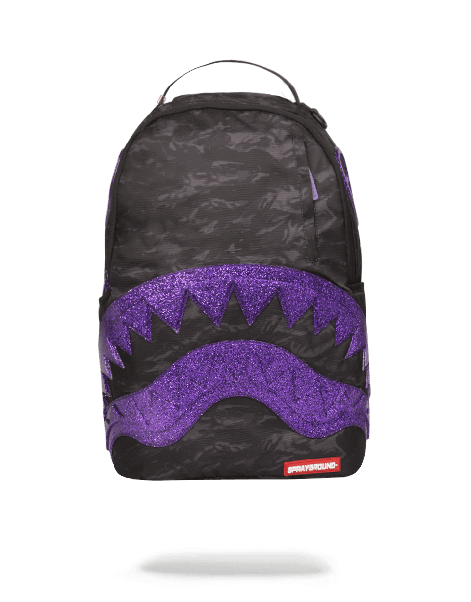 Glitter Shark travel bag with glittery exterior and ergonomic mesh back padding