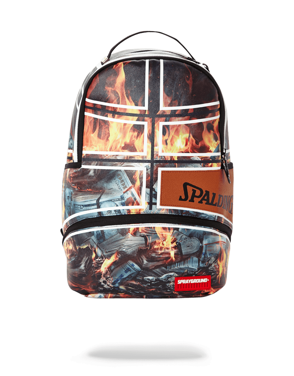 Side view of the Fire Money backpack showing zippered compartments and mesh backing