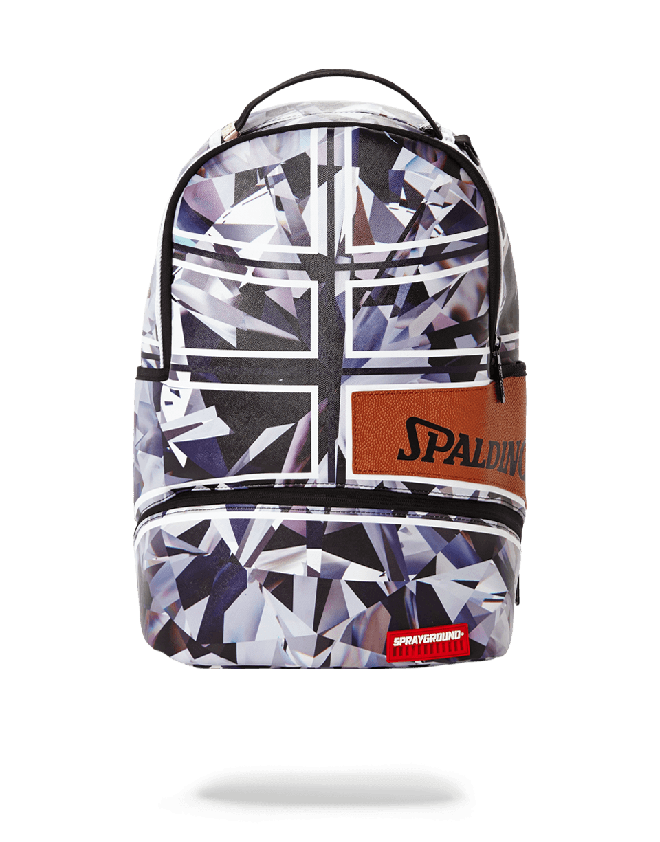 Spalding x Sprayground backpack worn by a commuter in an urban setting
