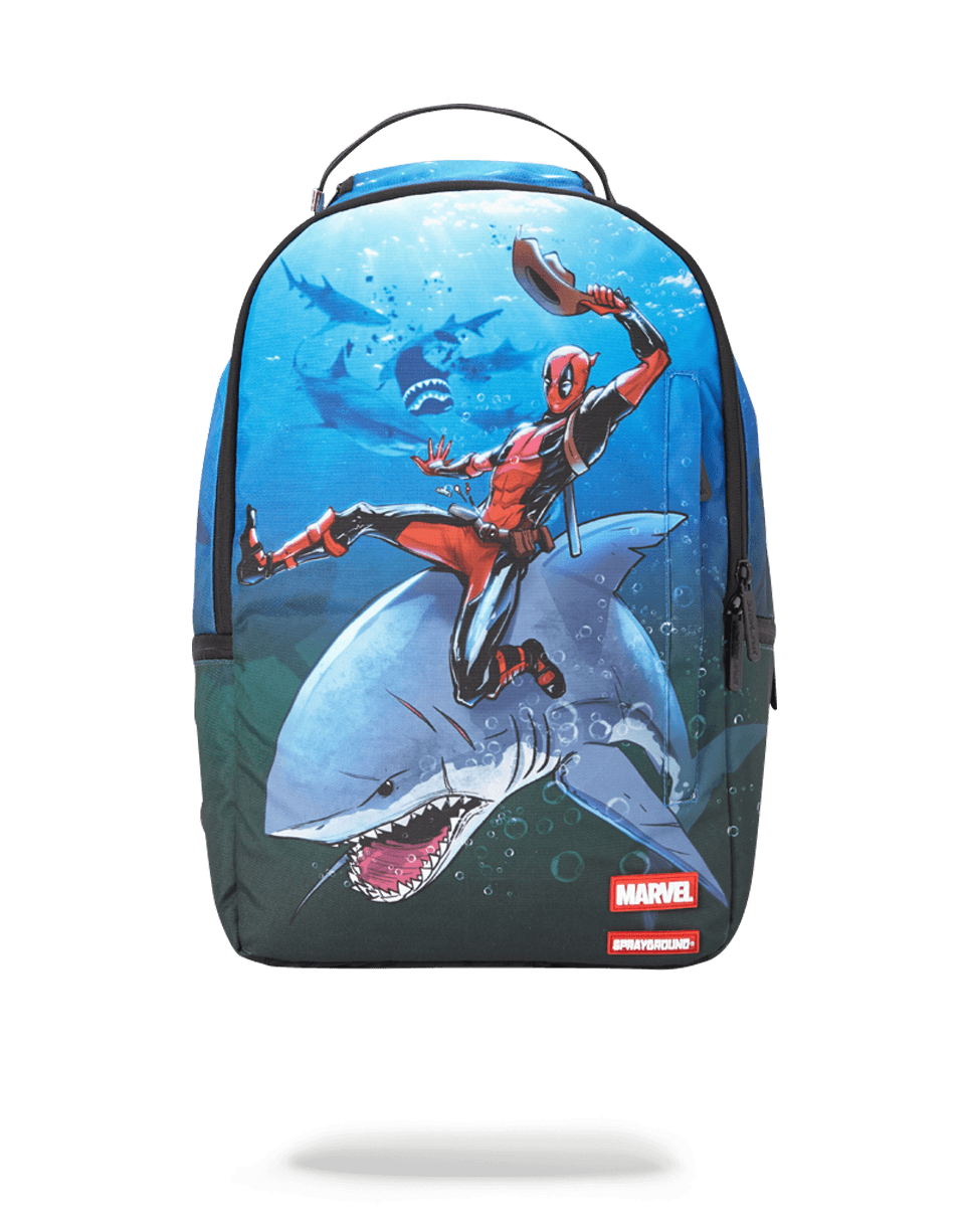 Front view of Deadpool SharkStrike backpack showing main zipper and side pockets