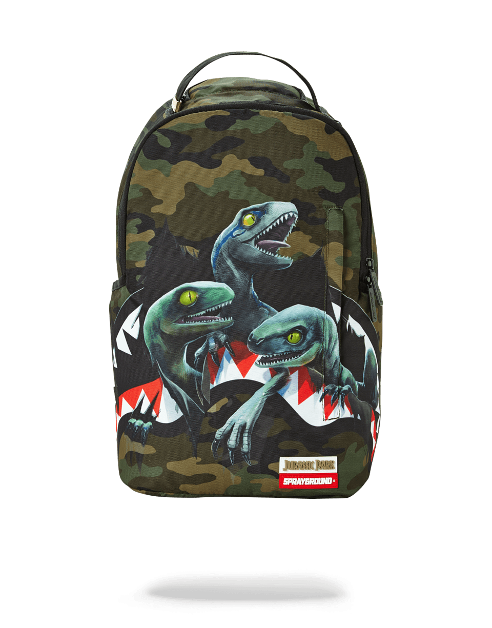Front view of the Jurassic World Shark backpack with adjustable straps.
