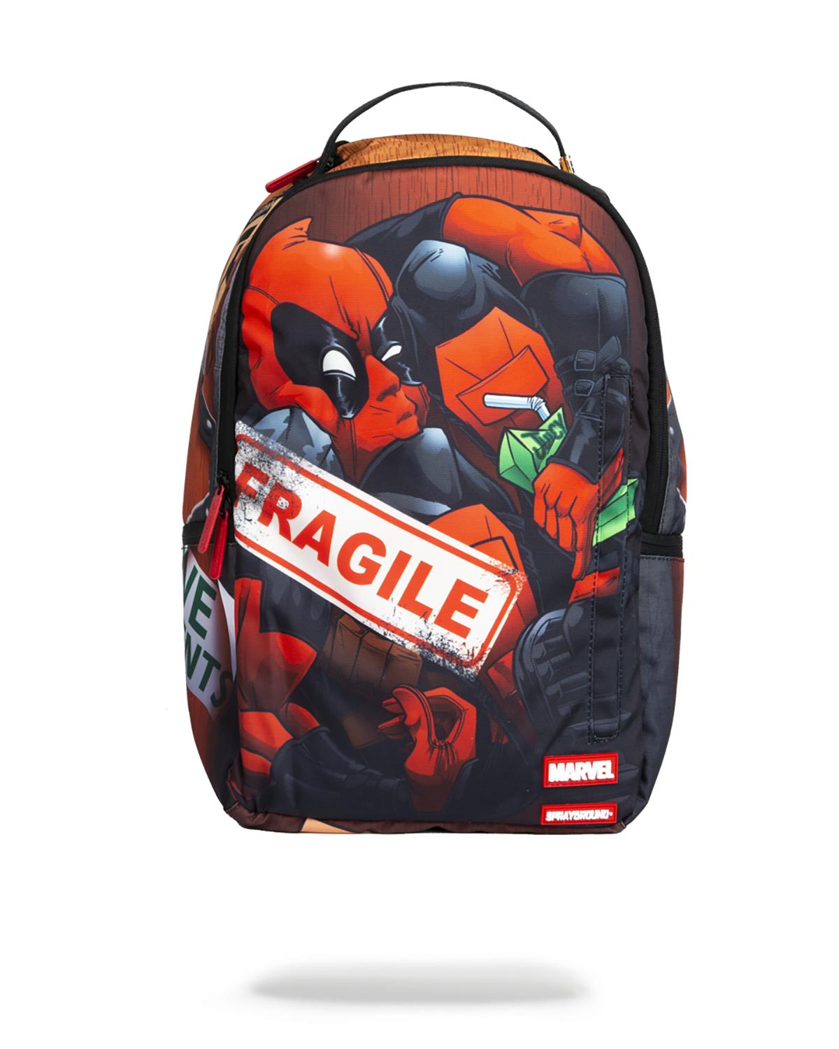 Deadpool backpack open, showing laptop compartment and storage pockets